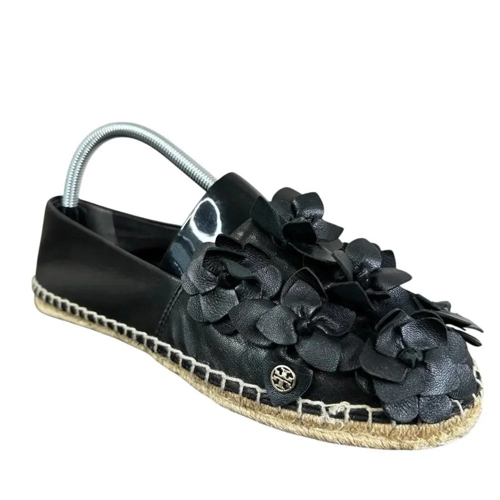 Tory Burch Blossom Espadrille Flats Womens 8.5 Black Leather Flowers Shoes